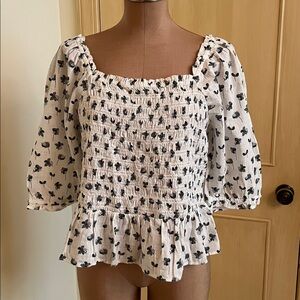 LOFT NWT Milkmaid Peasant Boho Spring Floral Puff Elbow SLV Peplum Blouse SZ L